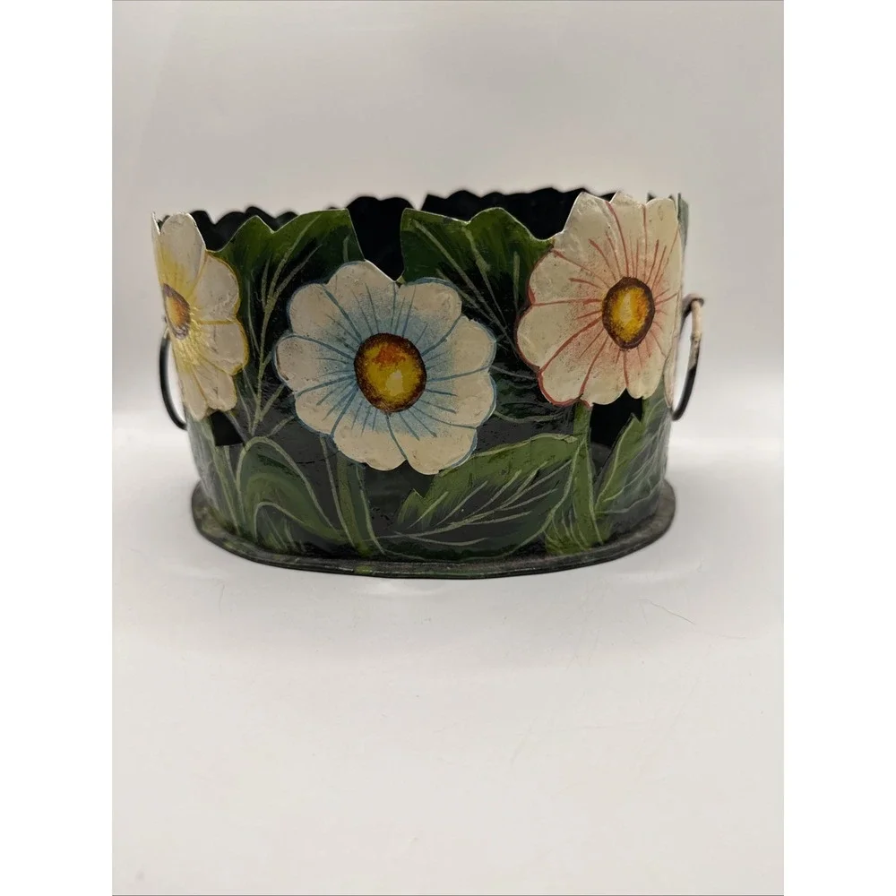 Vintage Painted‎ Black Metal Toleware Scalloped Floral Planter 7